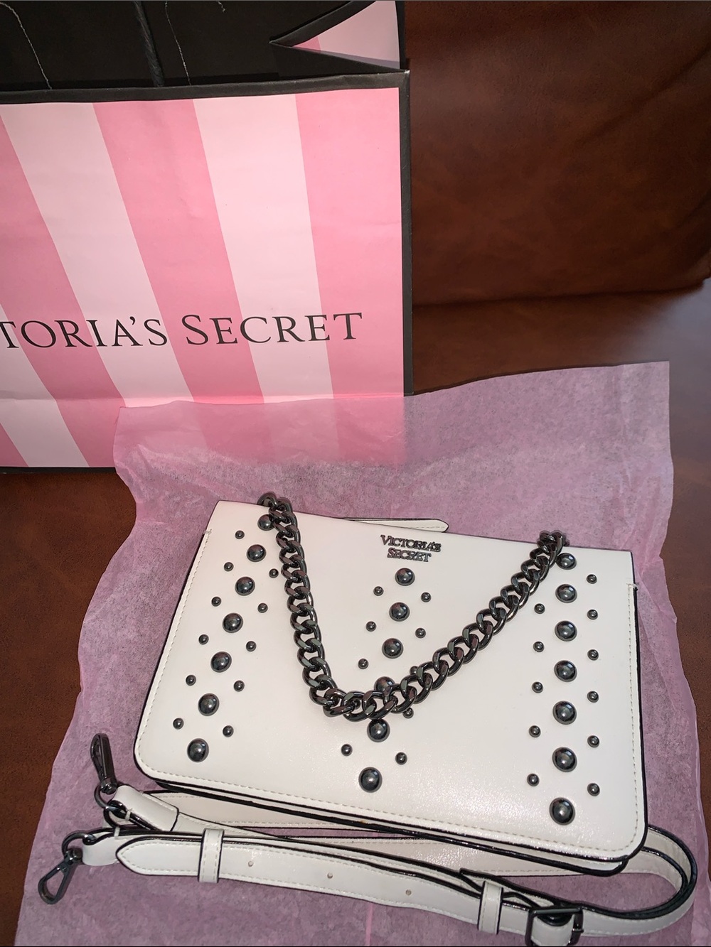 Victoria's Secret White Studded Chain Shoulder Bag